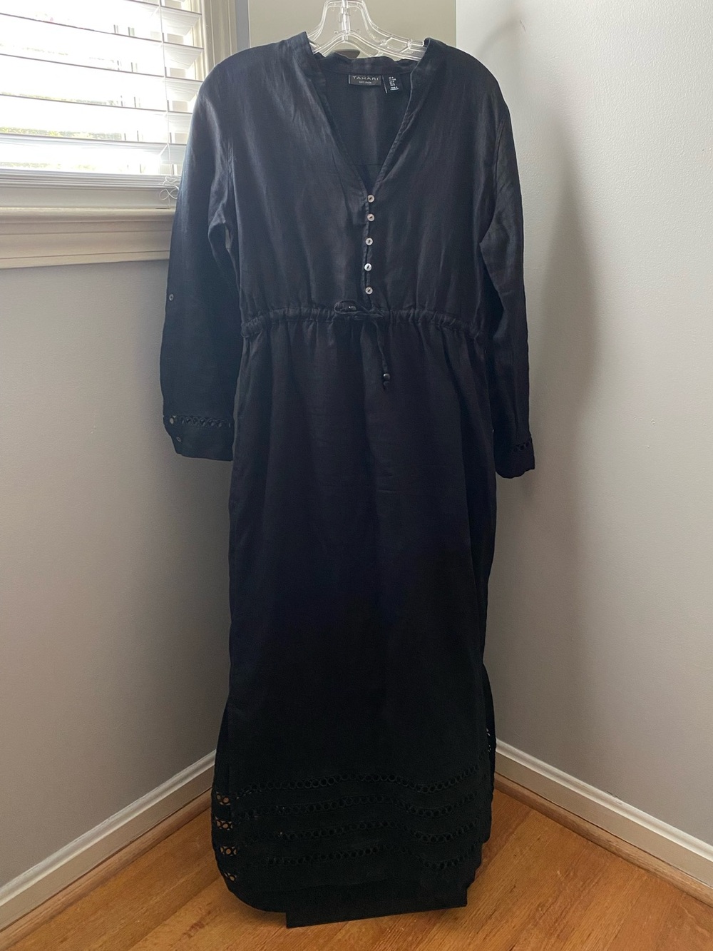 Tahari Black Long Sleeve Maxi Dress with Drawstring Waist